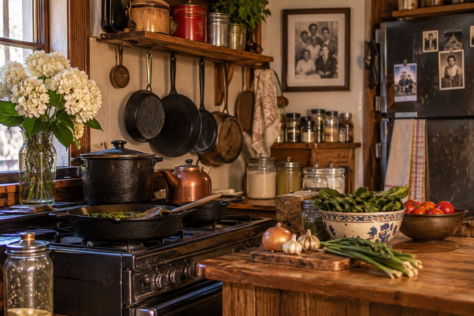 Rustic kitchen with cast-iron skillets hanging over a vintage stove, bowls of fresh greens and tomatoes on a wooden counter, and white hydrangeas on the windowsill