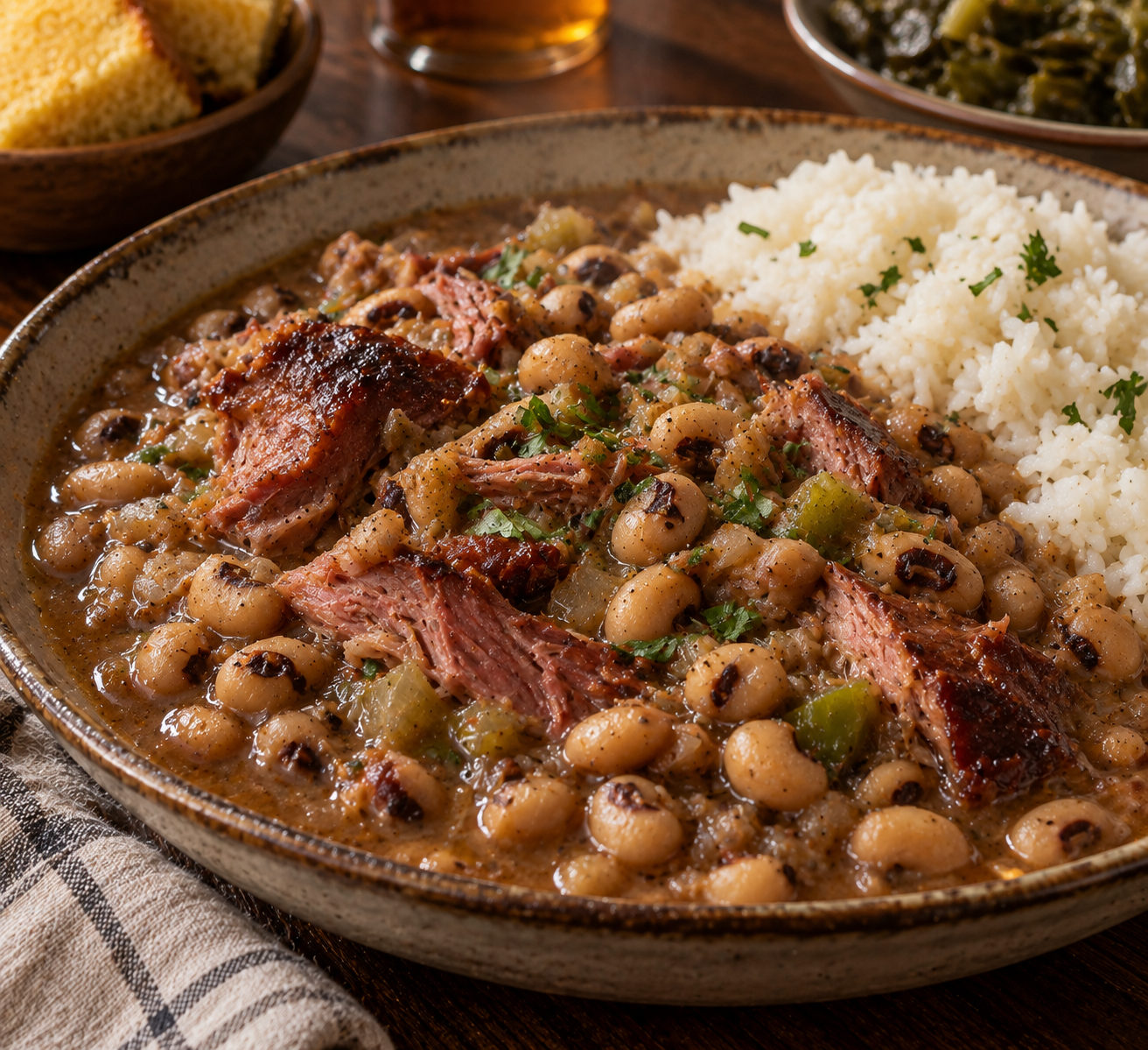 Bowl of black-eyed peas with smoked turkey and broth