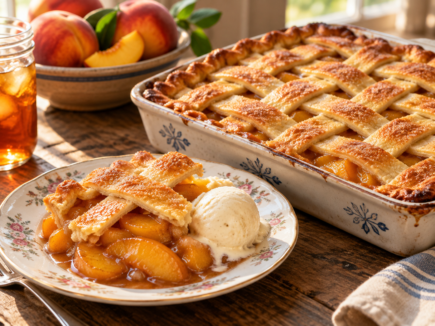 Warm peach cobbler with a golden topping served beside vanilla ice cream