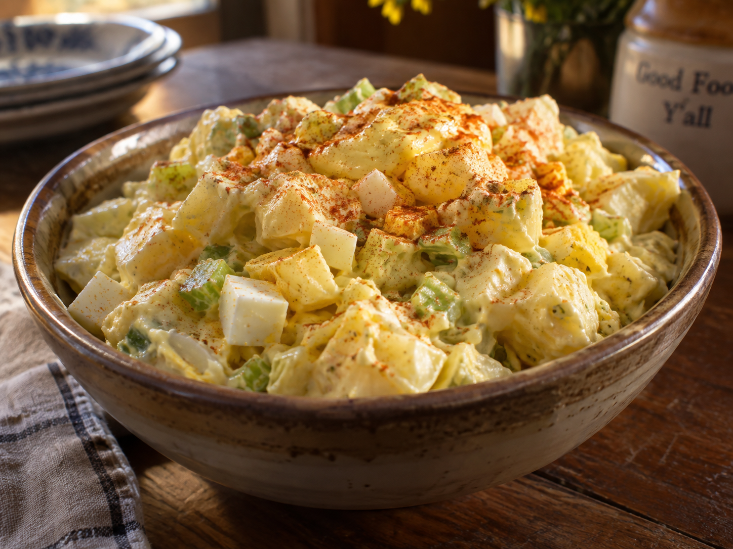 Creamy Southern potato salad dusted with paprika in a stoneware bowl