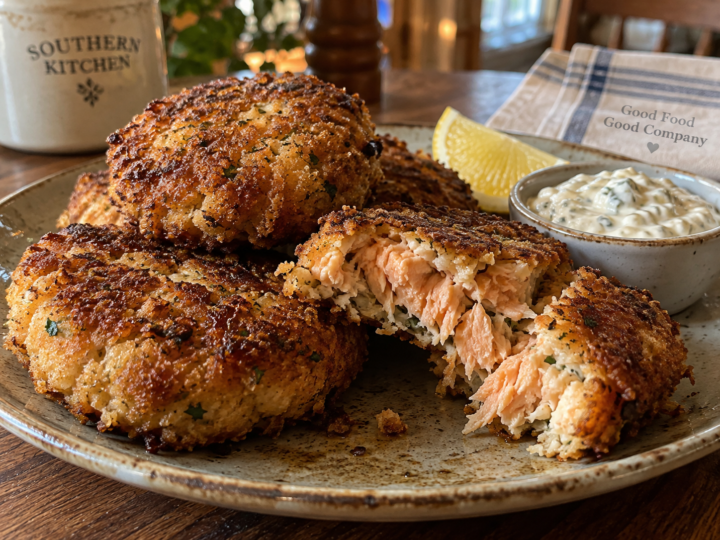 Golden pan-fried salmon croquettes on a plate with lemon wedges