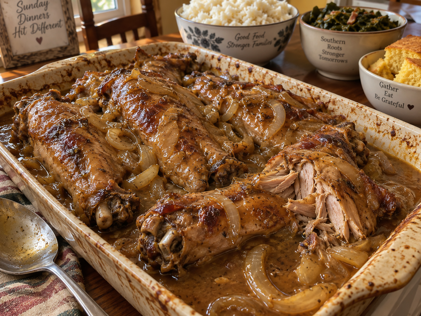 Smothered turkey wings in a baking dish covered with onion gravy