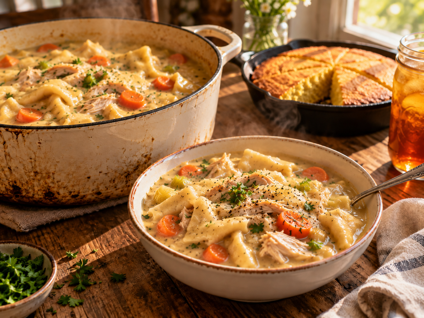 Bowl of chicken and dumplings with carrots and rolled dumplings, Dutch oven and cornbread in the background