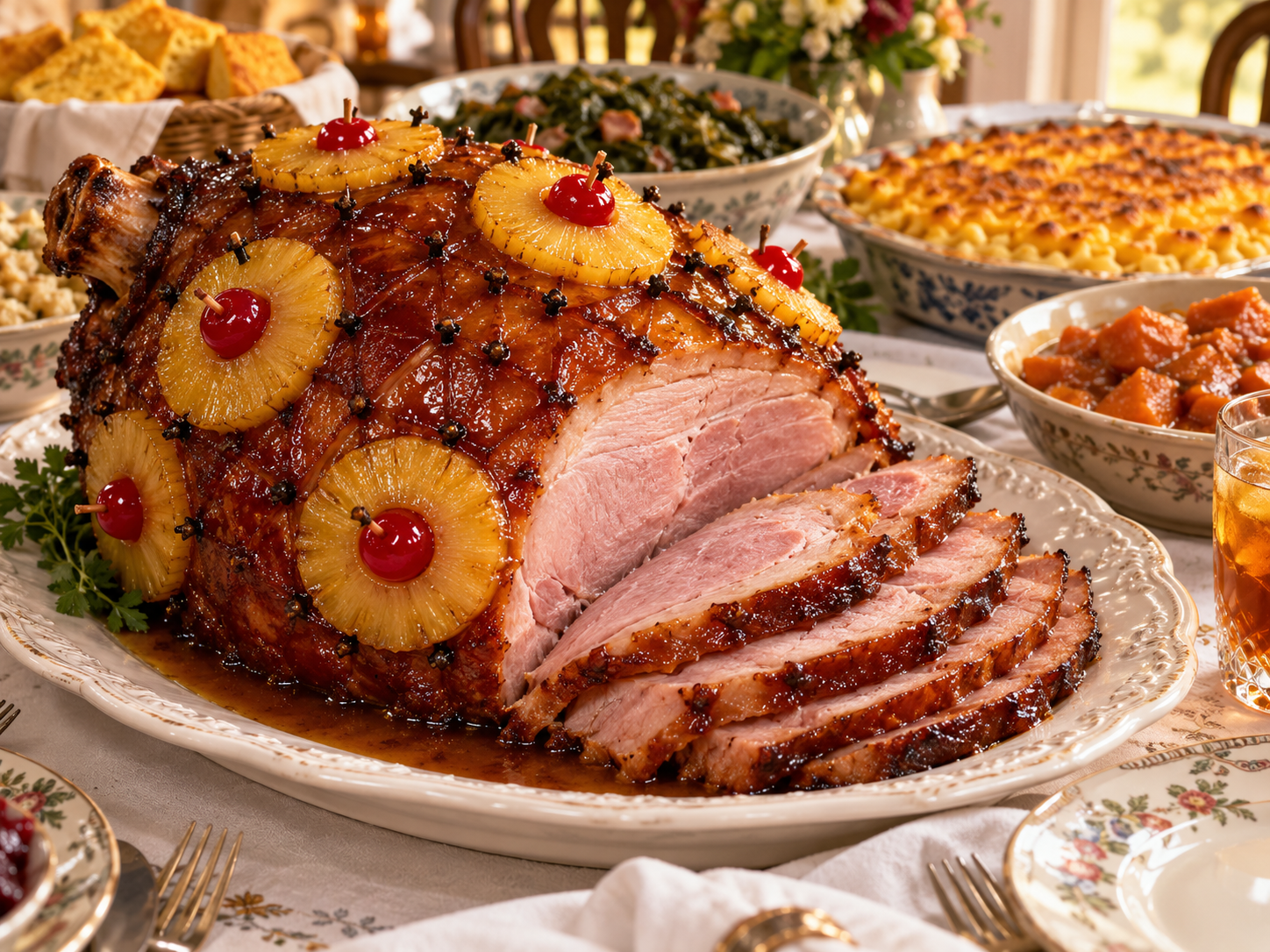 Brown sugar and pineapple glazed holiday ham with pineapple rings and cherries on a serving platter