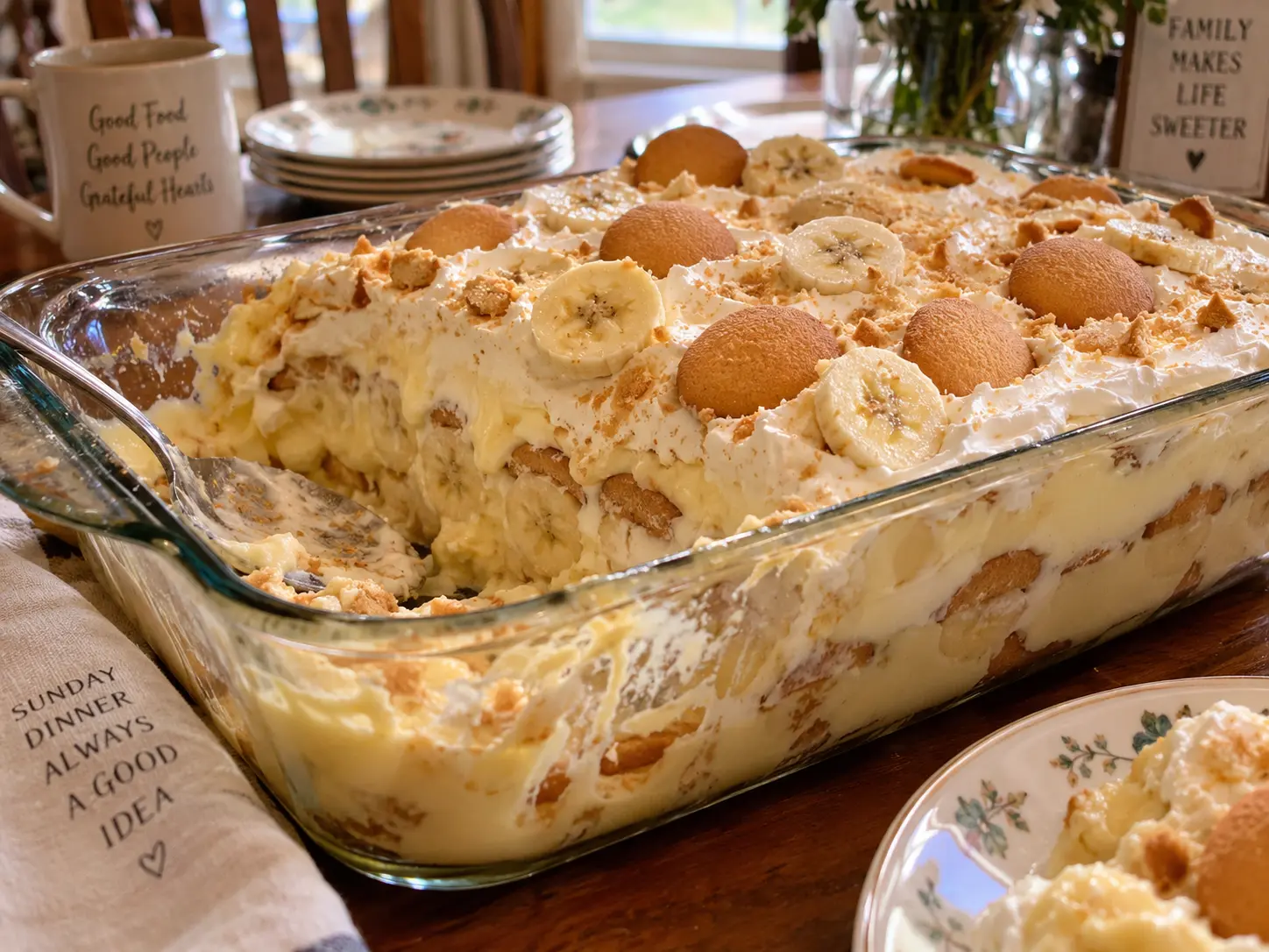 Banana pudding layered with vanilla wafers and topped with toasted meringue