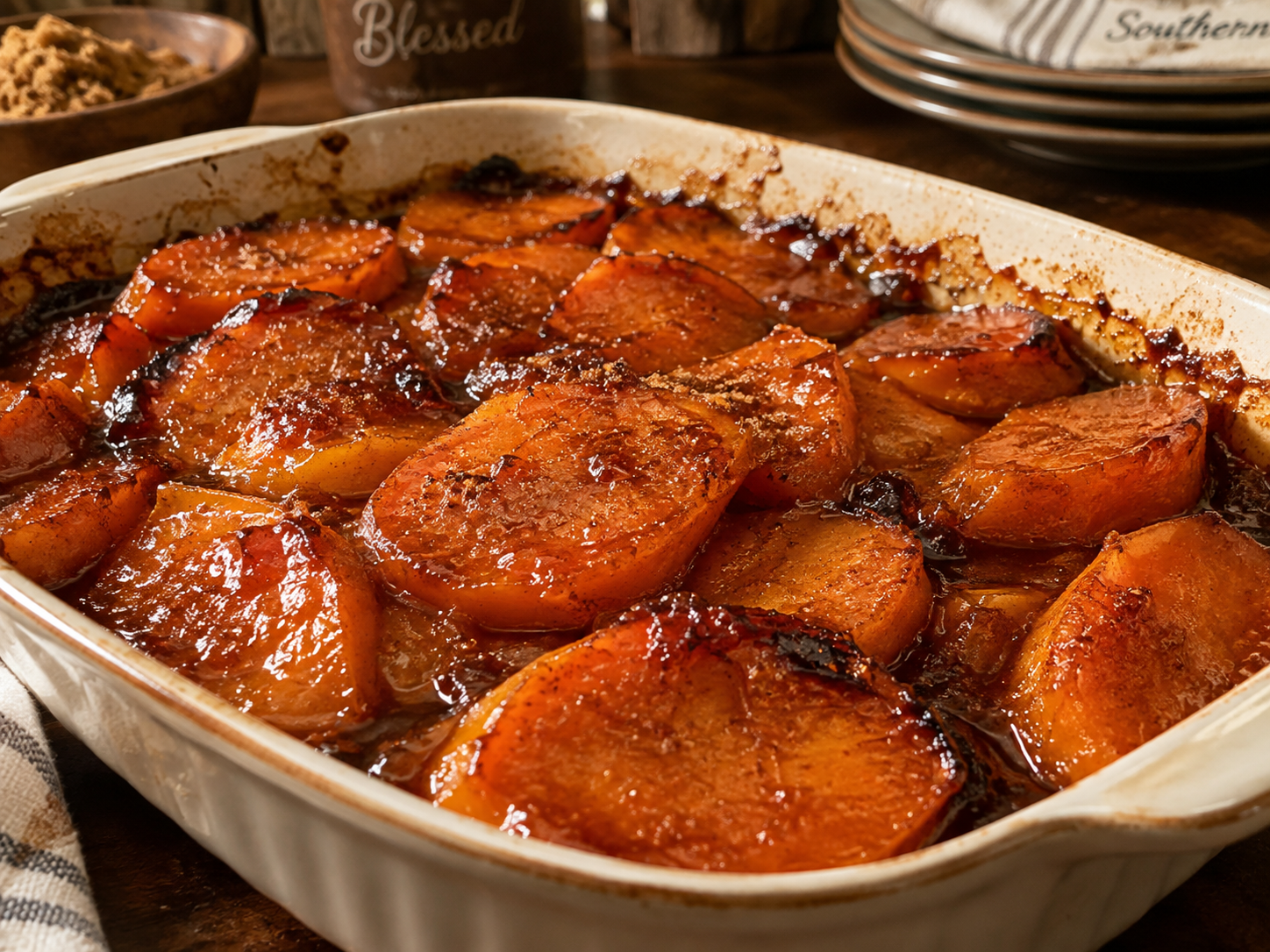 Candied yams in a glossy butter and brown sugar syrup in a Dutch oven