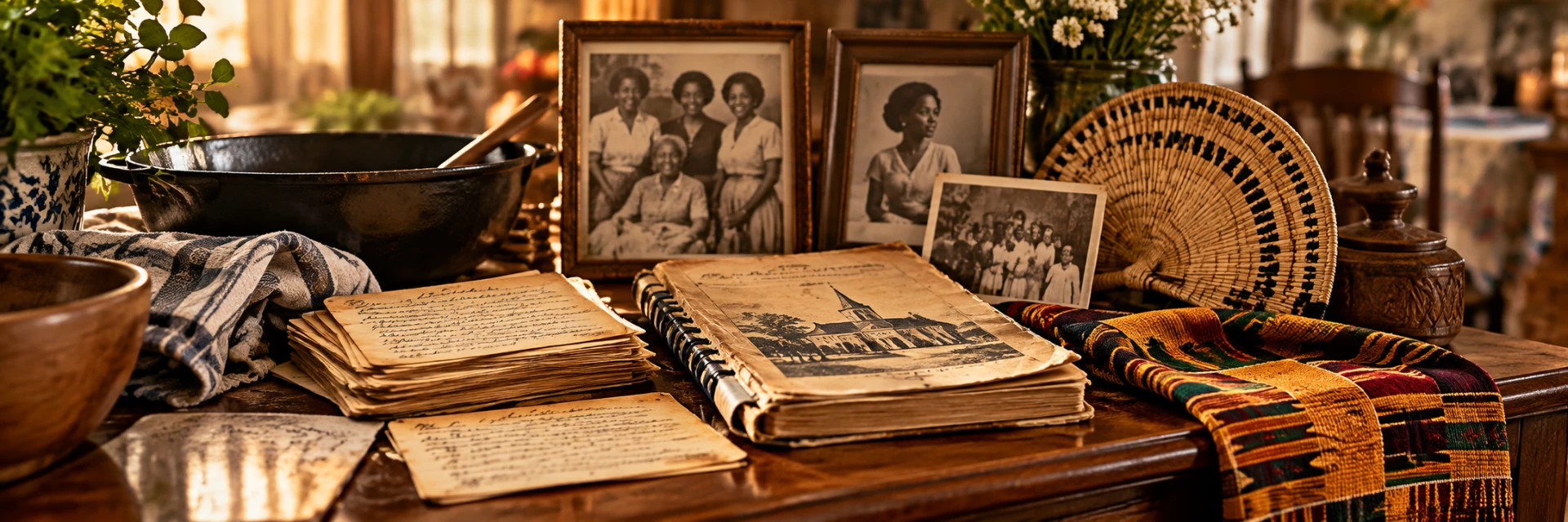 Handwritten recipe cards and a church cookbook beside a cast-iron skillet, framed Black family photographs, a woven basket and colorful cloth on a kitchen table