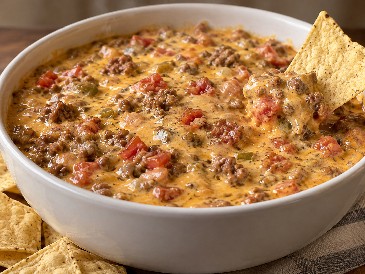 Warm Rotel cheese dip with ground beef served with tortilla chips