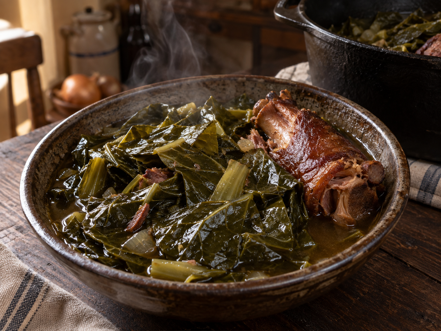 Slow-simmered collard greens with smoked turkey in a heavy pot