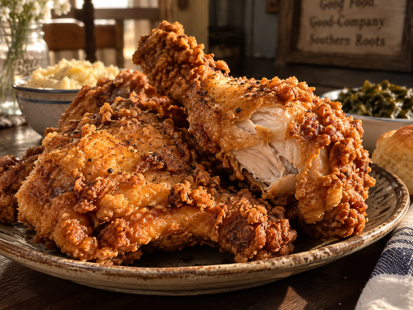 Crispy Southern fried chicken pieces resting on a wire rack