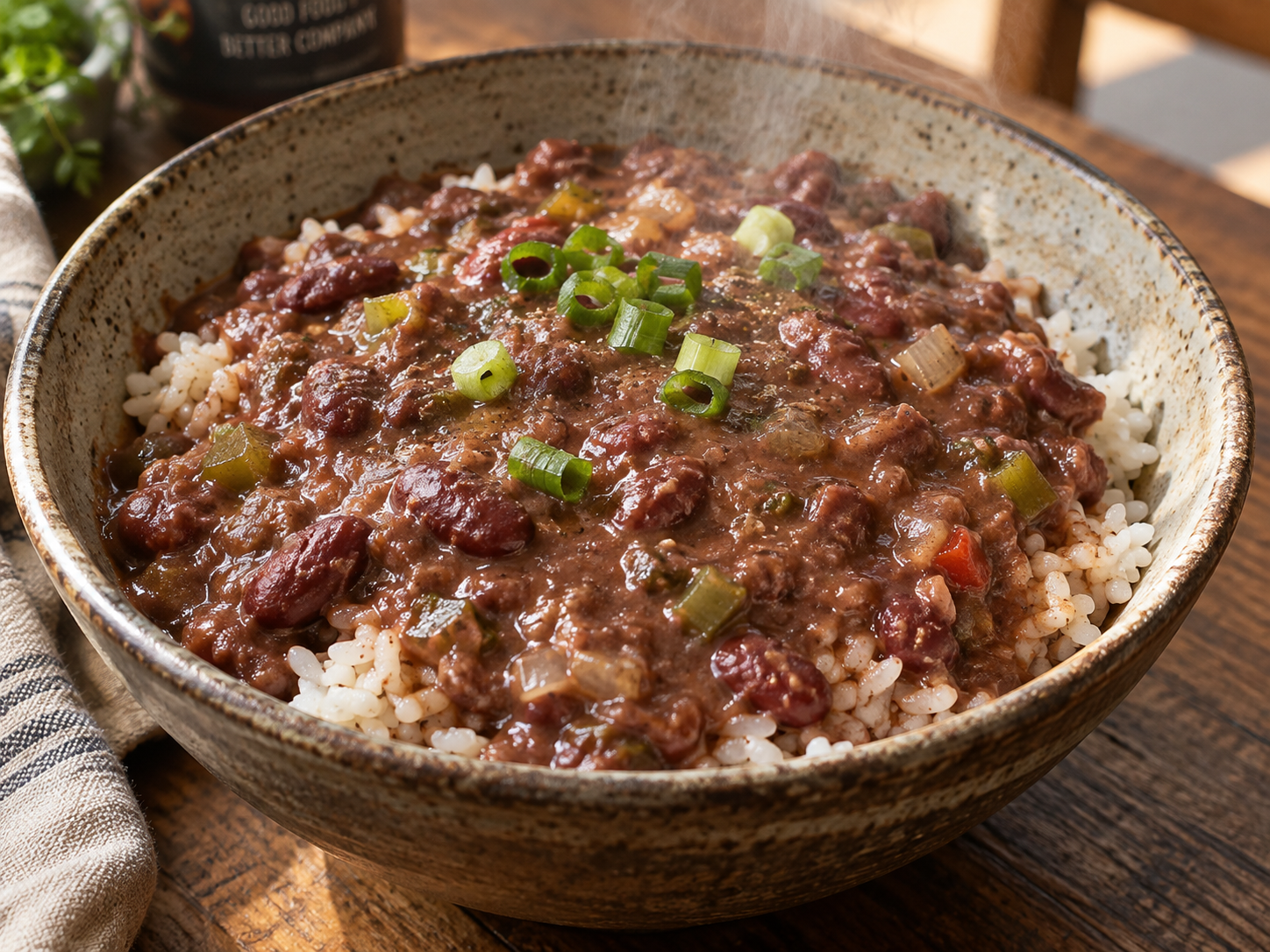 Bowl of red beans and rice topped with fresh parsley