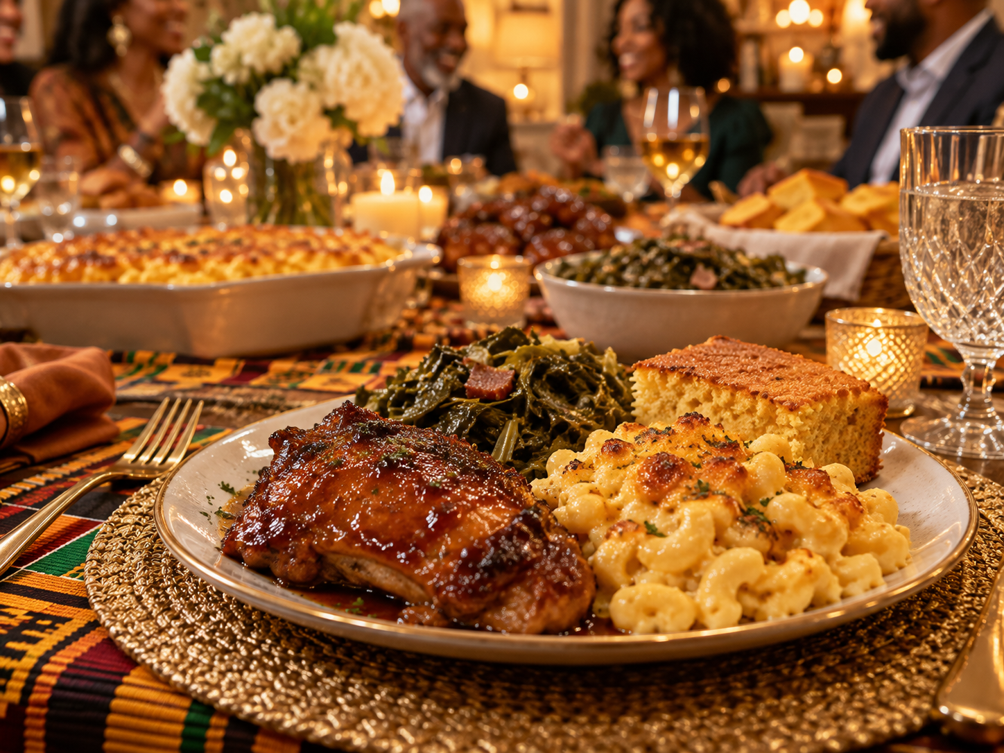 A beautifully plated soul food dinner with greens and macaroni on a table with kente-inspired decor