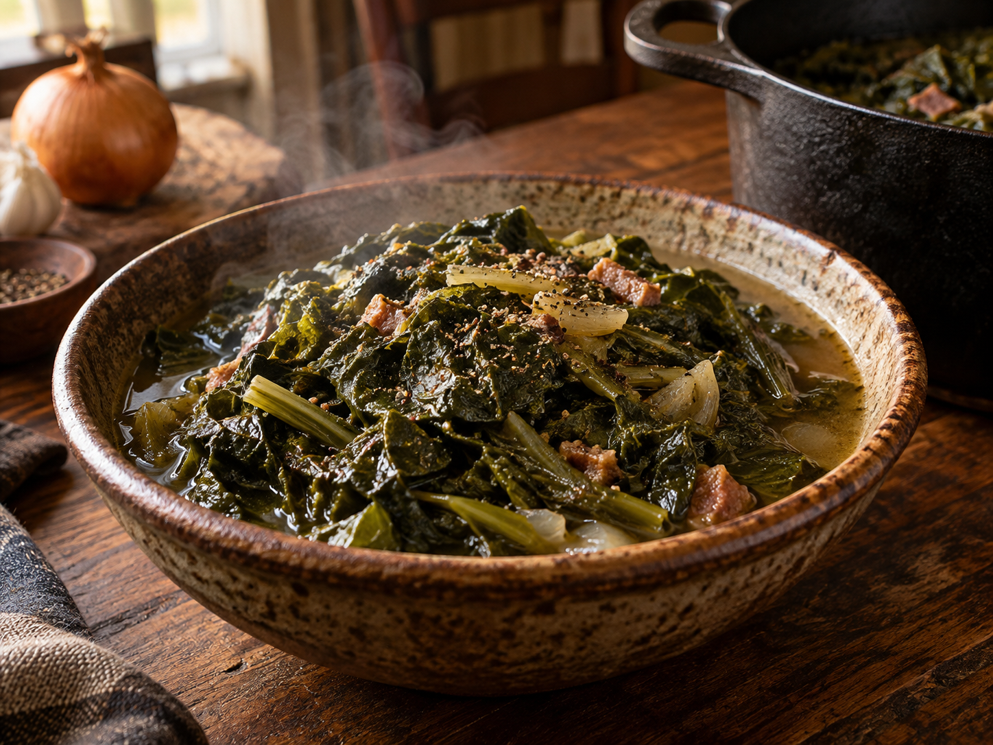 Tender chopped mustard and turnip greens with pot liquor in a deep ceramic serving bowl