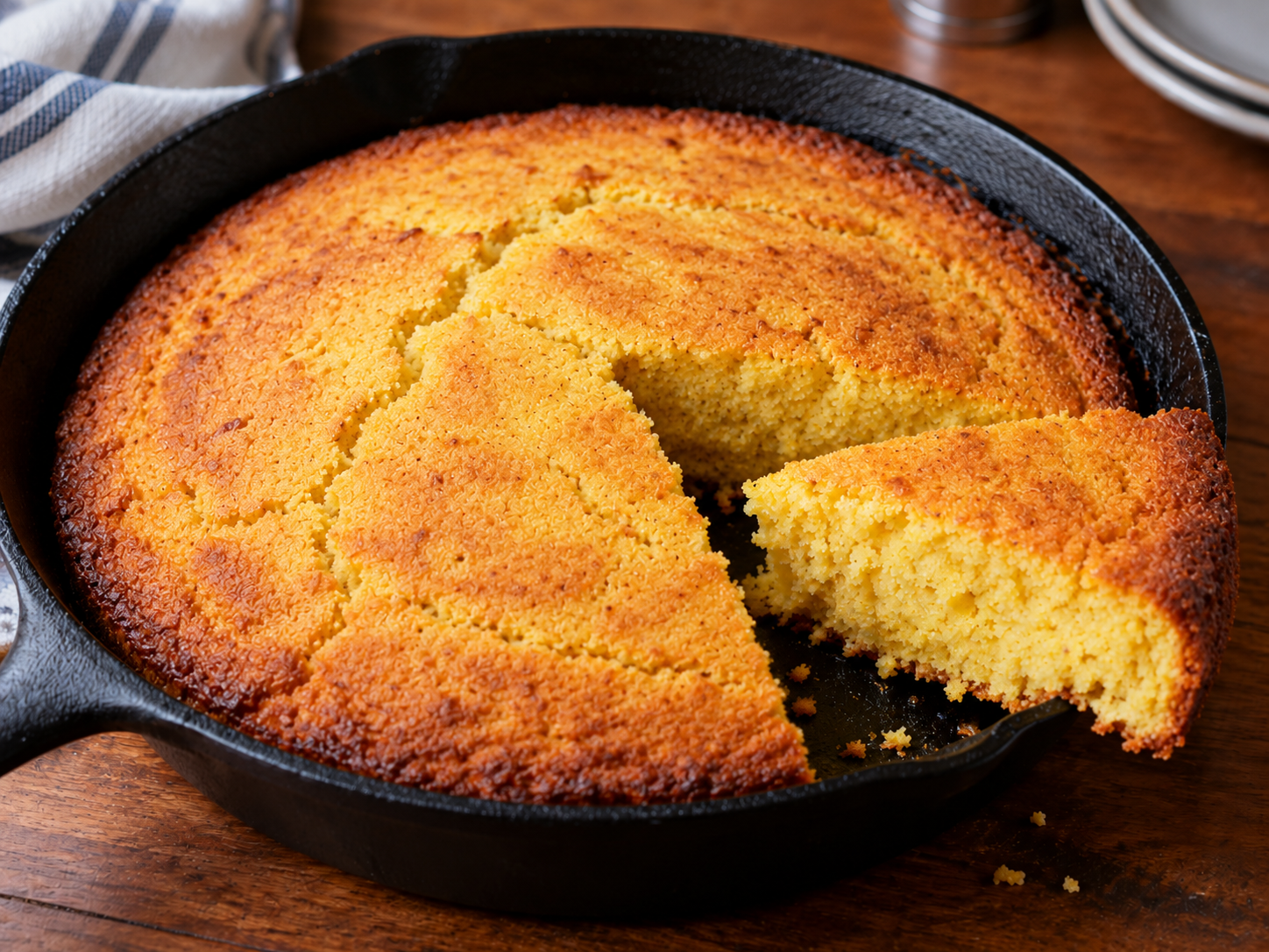 Golden honey cornbread baked in a cast iron skillet with a piece removed