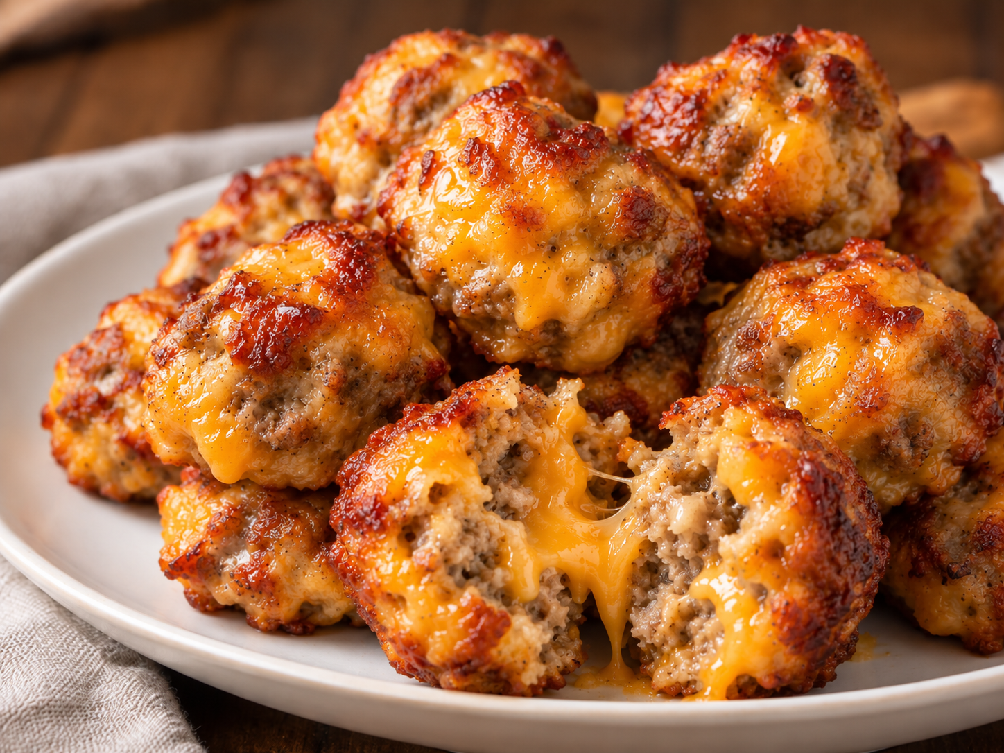 Golden baked cheddar sausage balls on a serving platter