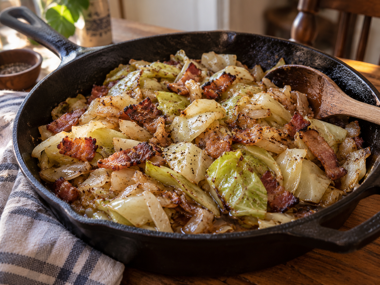 Southern fried cabbage in a skillet with black pepper and smoked meat