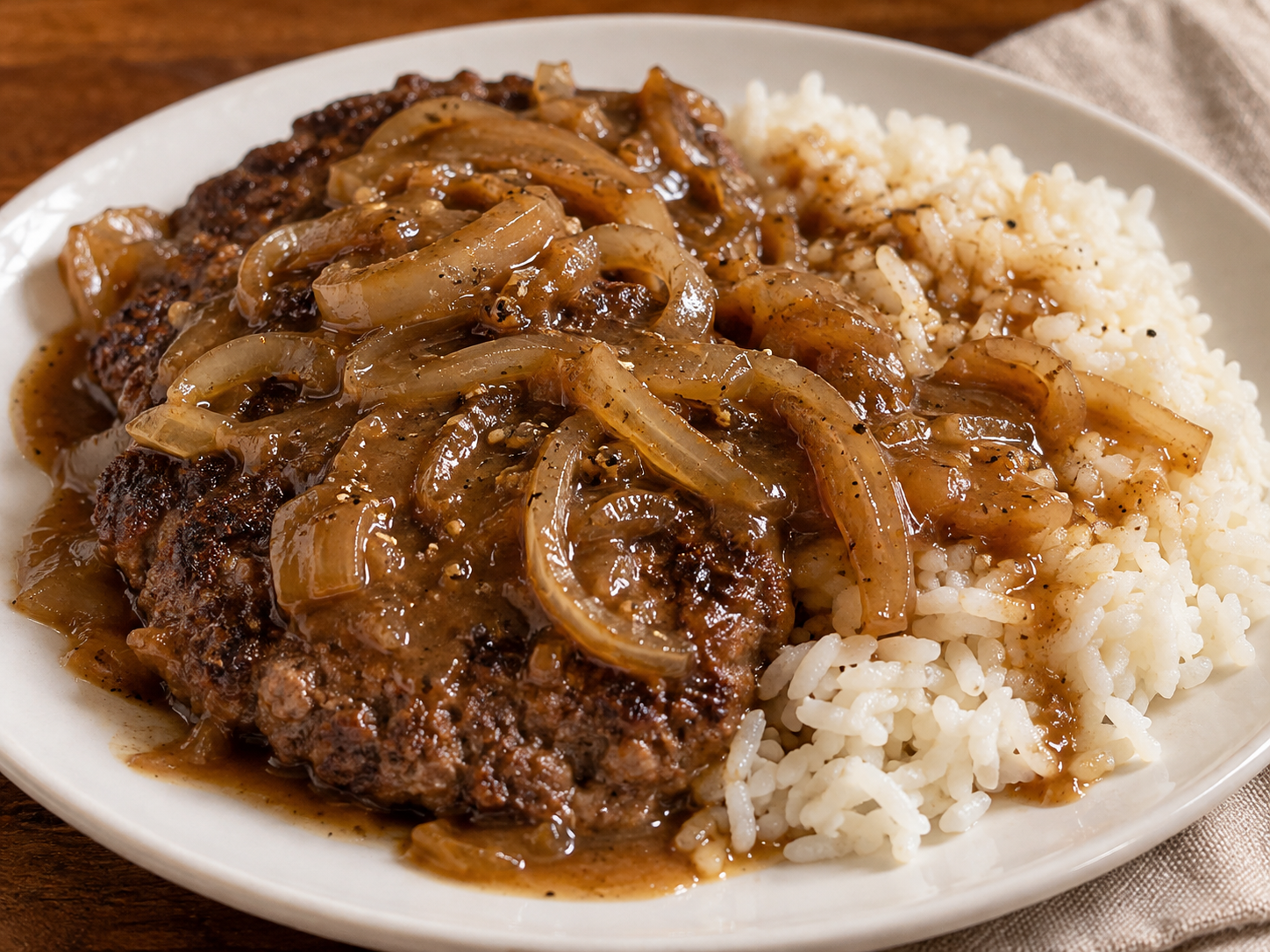 Chopped steak covered in brown onion gravy beside white rice on a plate