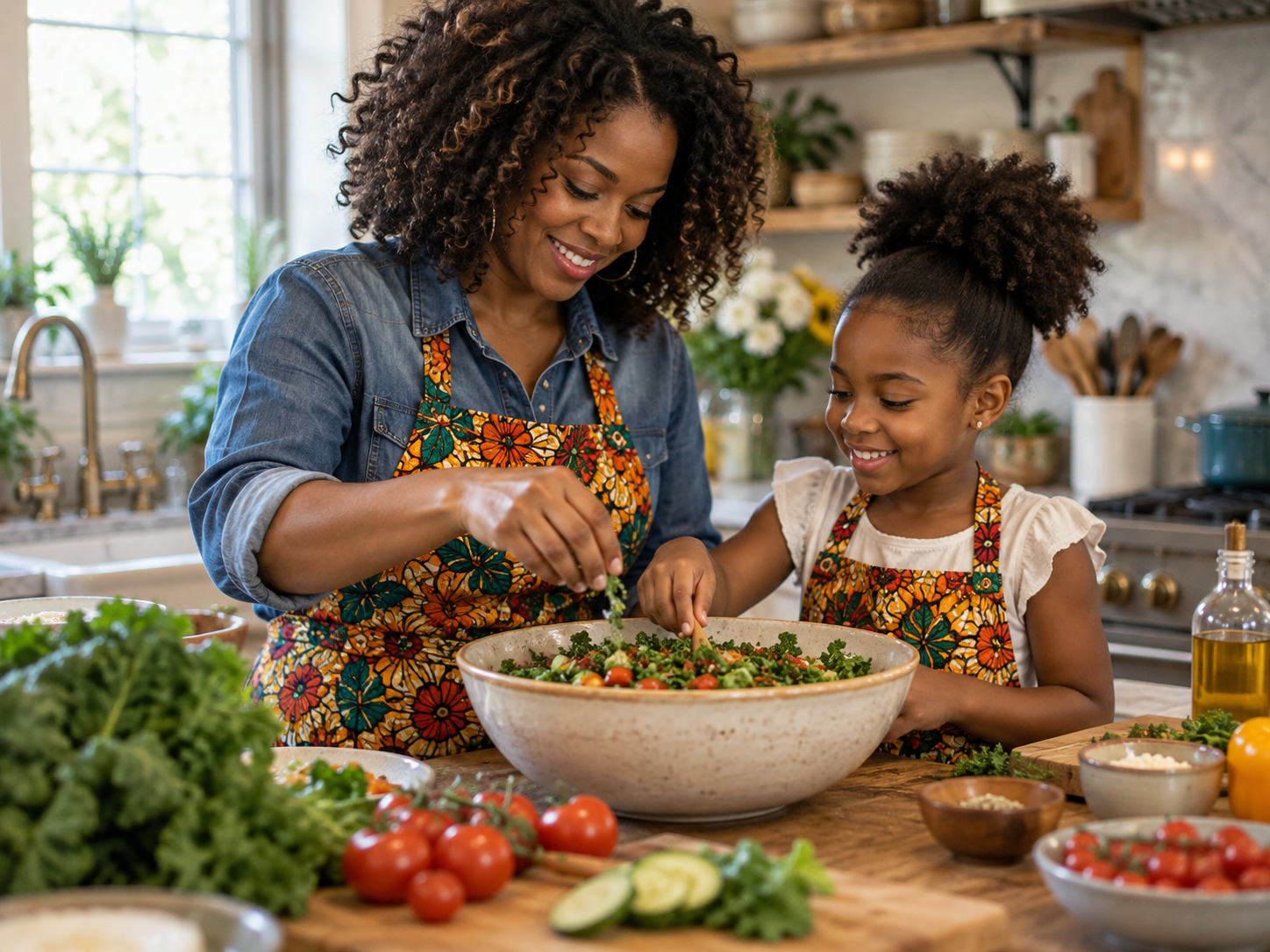 A mother and young daughter cooking together at a home kitchen counter with fresh vegetables