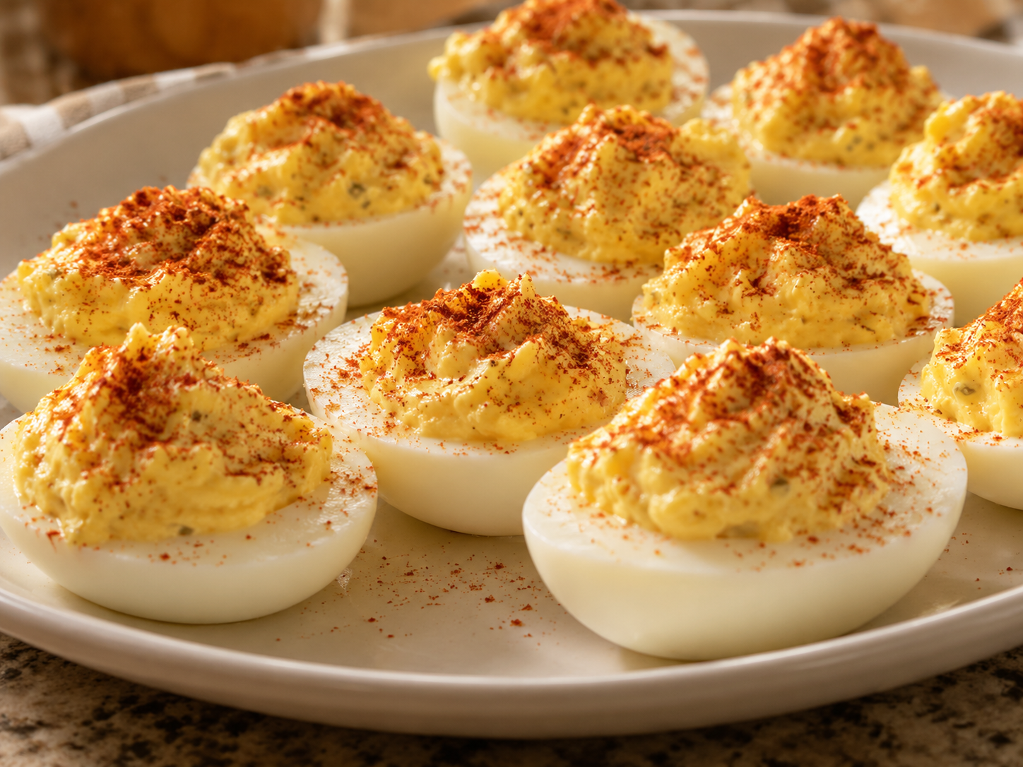 Classic deviled eggs dusted with paprika on a serving platter