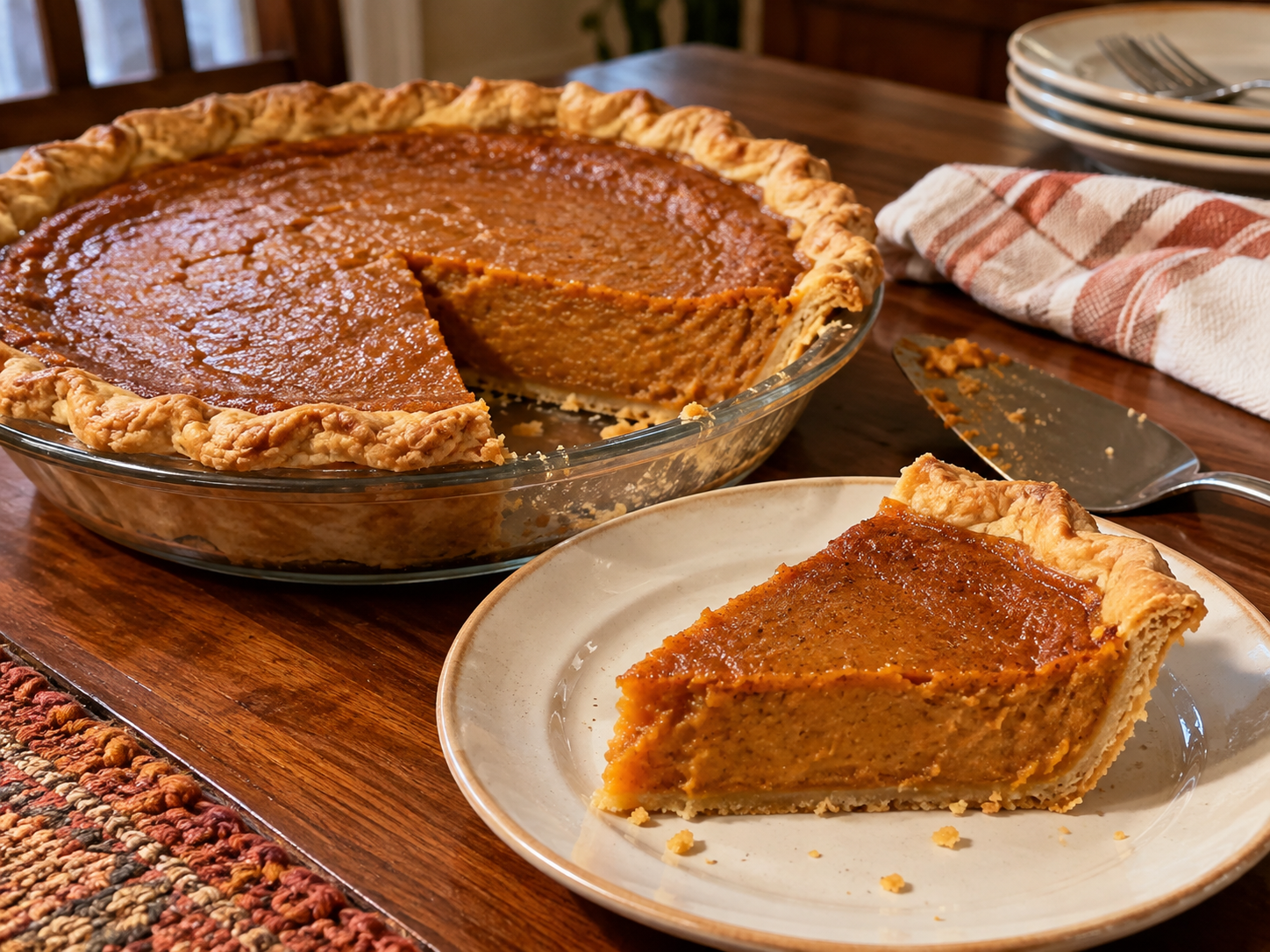 Southern sweet potato pie with one slice lifted from the flaky crust