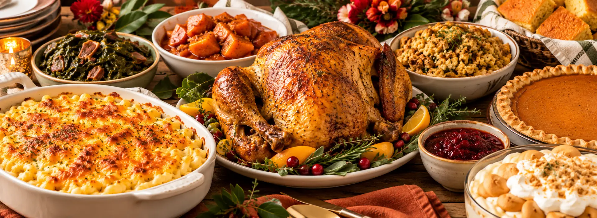 A holiday soul food table with roast turkey, baked macaroni and cheese, collard greens, candied yams, dressing, cornbread, sweet potato pie and banana pudding