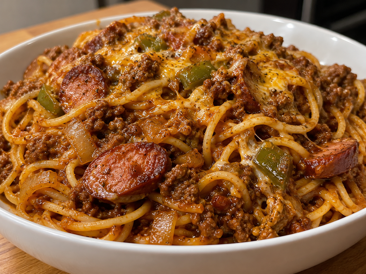 Spaghetti coated in a meaty sauce with peppers, onions and browned sausage slices