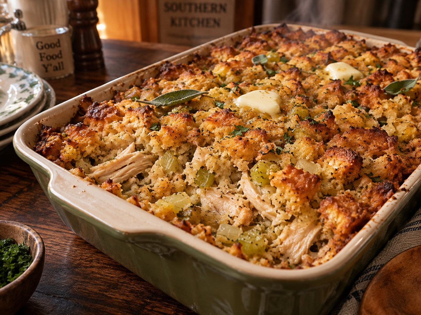 A 9x13 dish of Southern cornbread dressing with a golden browned top and soft savory interior