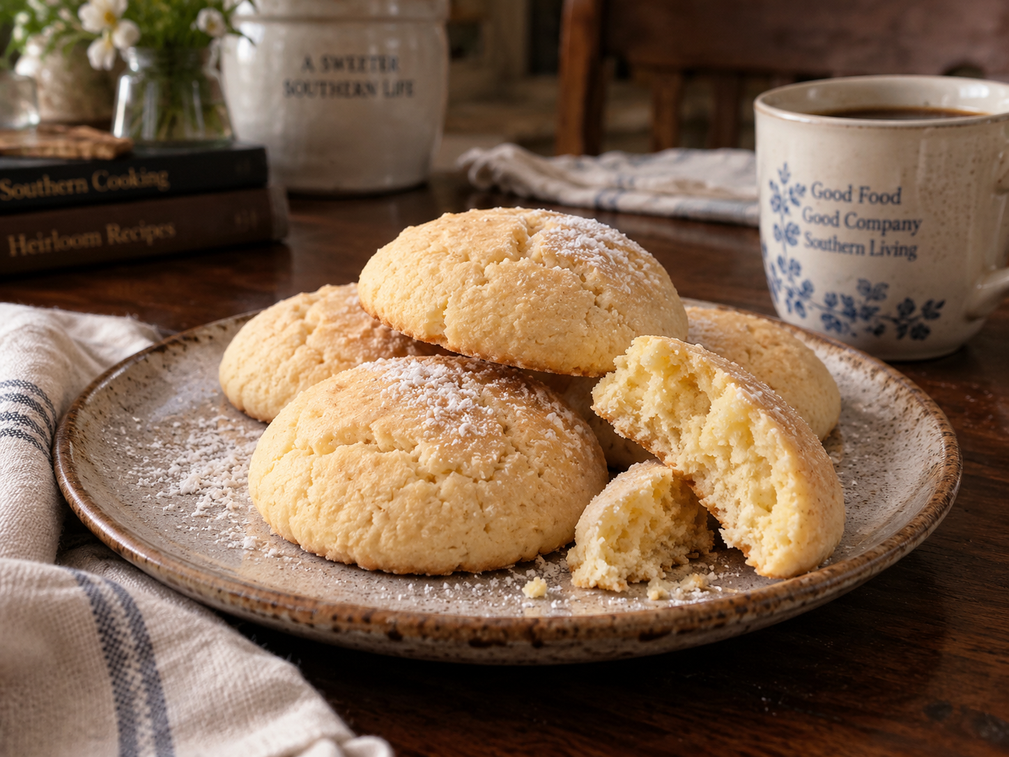 A plate of pale golden Southern tea cakes with lightly browned edges beside coffee