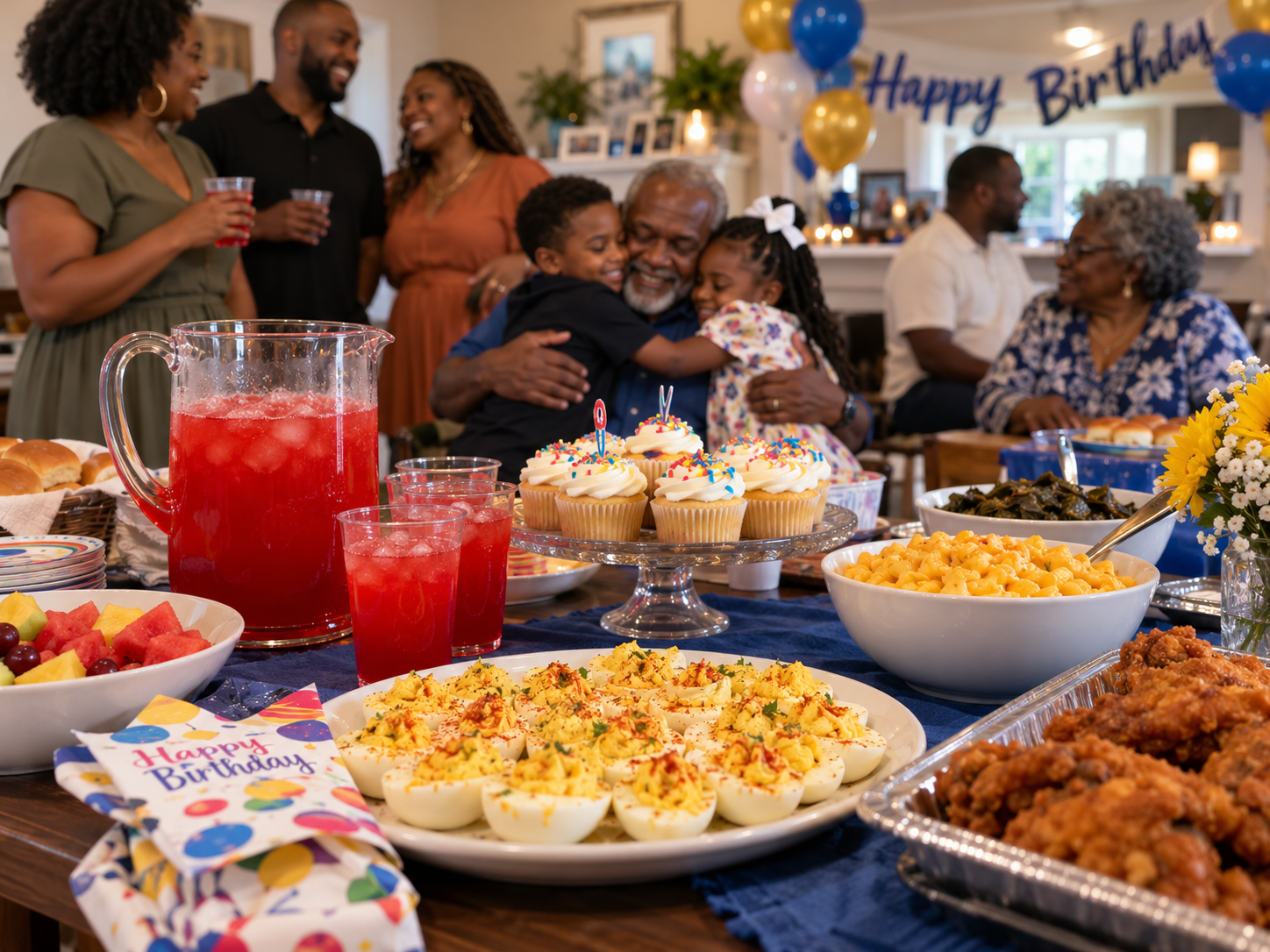 A multigenerational Black family passing dishes around a Sunday dinner table