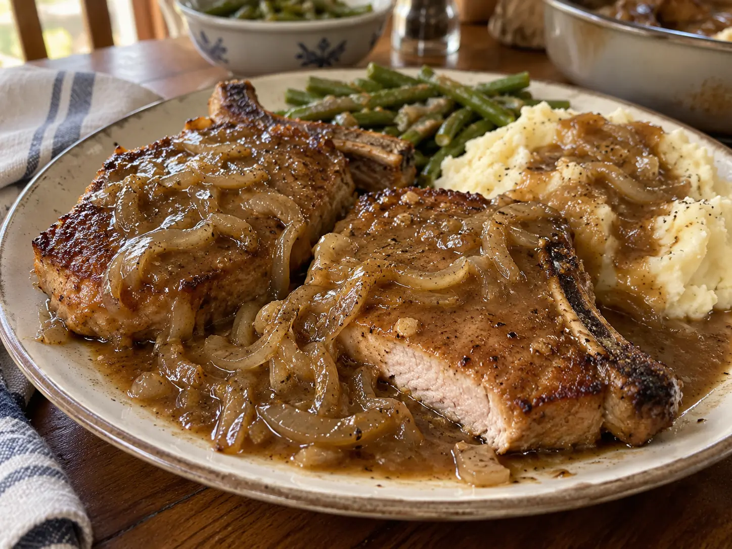 Smothered pork chops in a cast iron skillet covered in brown onion gravy