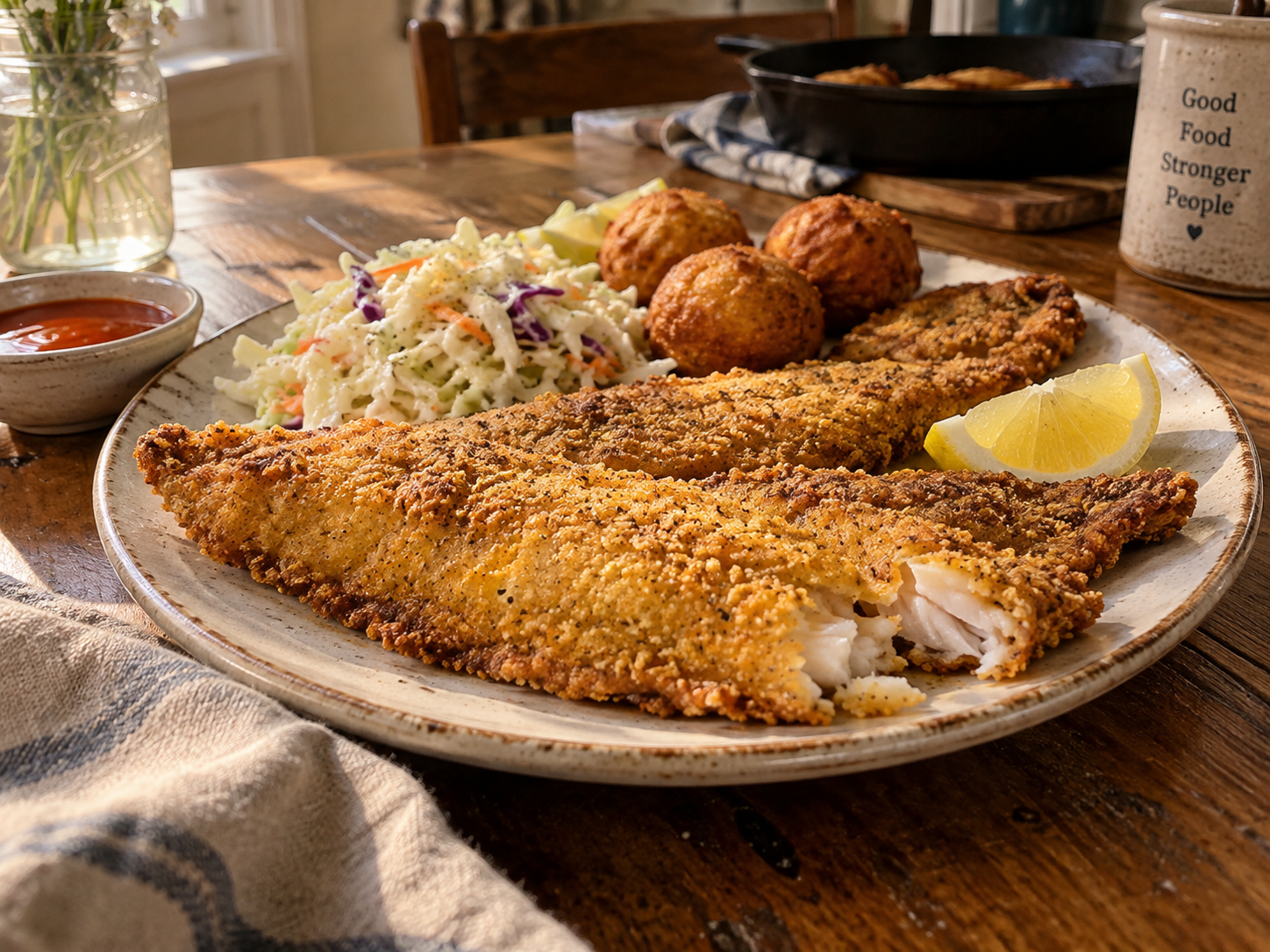 Golden cornmeal-crusted fried catfish fillets plated with lemon wedges and hot sauce