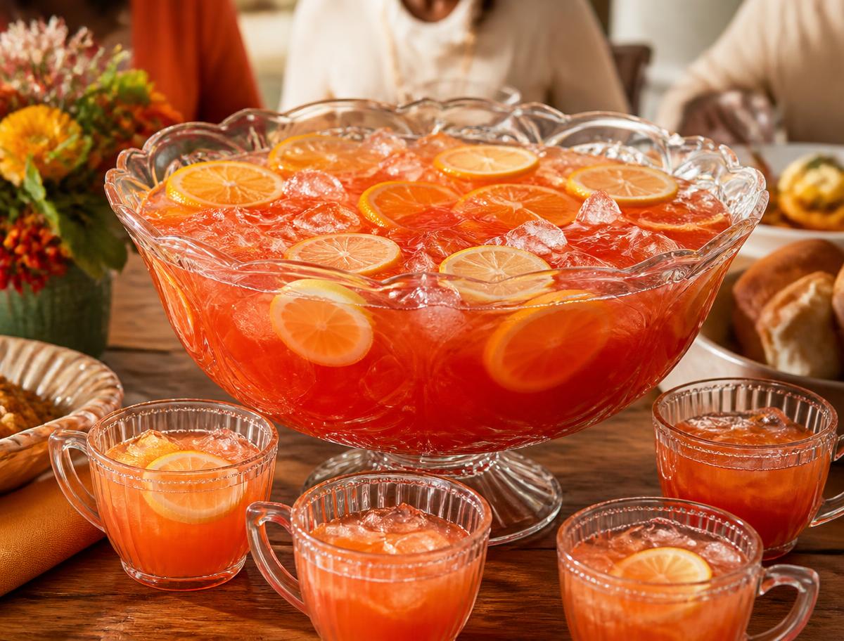 A large glass punch bowl of citrus celebration punch with ice and orange and lemon slices