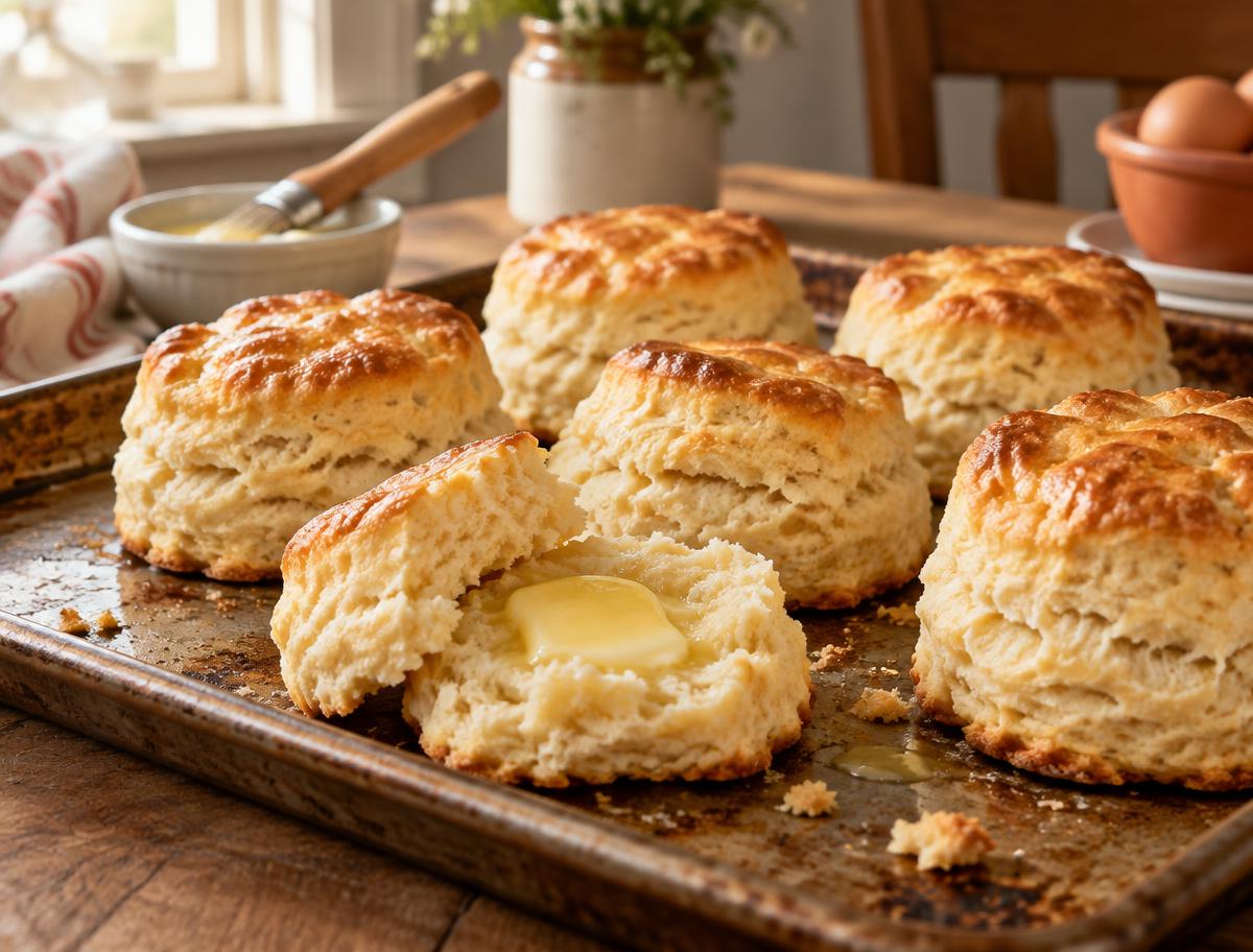 Golden buttermilk biscuits on a baking sheet, one split open showing flaky layers