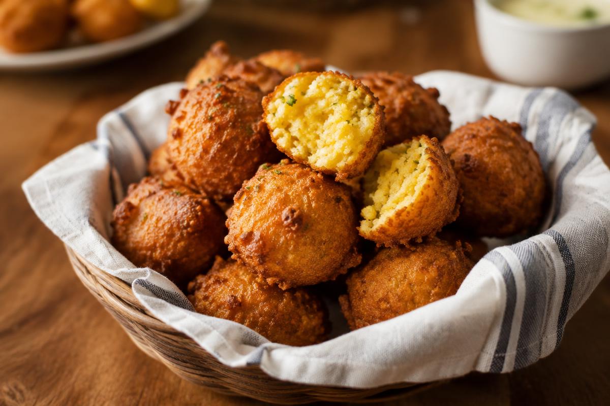 Golden fried hushpuppies in a napkin-lined basket with one broken open