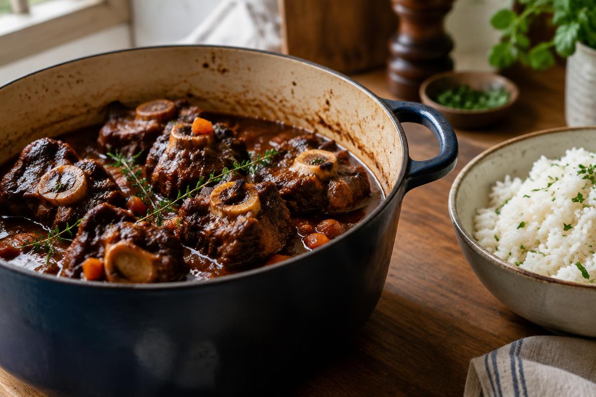Slow-braised oxtails in dark gravy in a Dutch oven beside a bowl of white rice