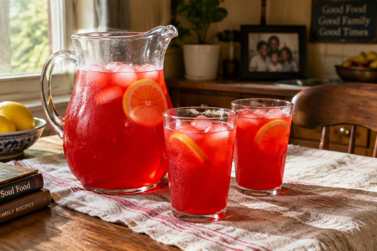 Pitcher of bright red Kool-Aid with ice and a lemon slice beside two filled glasses