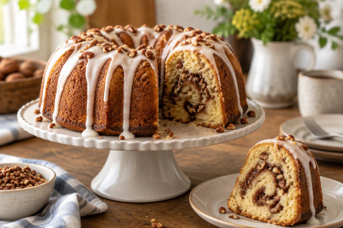 Glazed Bundt cake cut open to show a cinnamon pecan swirl inside