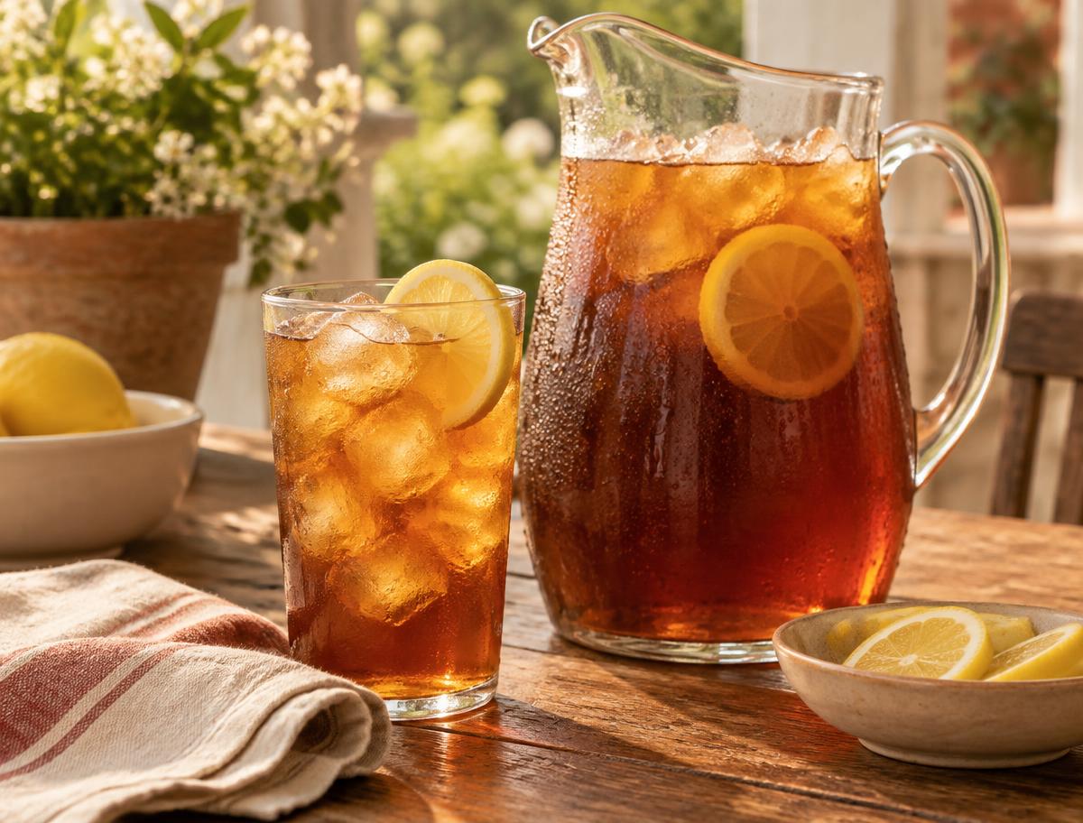 Pitcher of Southern sweet tea beside a glass filled with ice and a lemon slice